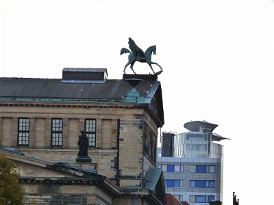 Konzerthaus - backside  The winged horse, Pegasus, overlooks the west facade towards Charlottenstraße.