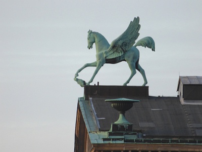 Konzerthaus - backside  The winged horse, Pegasus, overlooks the west facade towards Charlottenstraße.