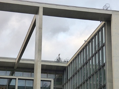 Marie-Elisabether-Lüders-Haus - Barb wire on roof  Stephan Braunfels designed the Marie-Elisabether-Lüders-Haus in Berlin’s Regierungsviertel, completed in 2003. The house contains the Parliamentary Library and Archives for the nearby Reichstag, and it is part of the goverment Band des Bundes.