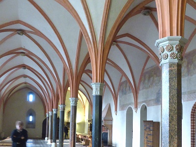 Malbork Castle  High castle, Refectory of knights of the Teutonic Castle in Malbork. It is a long ceremonial hall supported on 7 pillars, each pillar is made of different kind of granite. The decorative floor looks like a carpet.  Teutonic Knights were not humble monks, though they had to fast for four days a week and then eat only one meal a day, consisting of fishes. On Sundays, Tuesdays and Thursdays, they were allowed to eat meat twice a day.