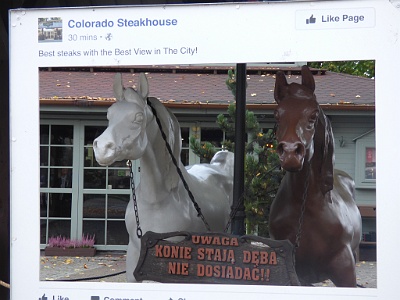 Colorado Steakhouse  Warning - Horses are not going to walk - Colorado steakhouse - best steaks since 2001, plus served with best view of river, chestnut and old town. Wooden pavilion and in the middle of the real Wild Wild West in the best culinary edition. Only here: roasted ribs, spicy wings, Mexican Fajitas and real American burgers served with our special Jack Daniel's BBQ sauce. It's all about excellent music, beautiful service, a stone fireplace, two levels separated by a cowboy stagecoach transformed into a bar serving great drinks.