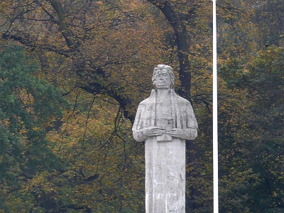 Adam Mickiewicz  The work of Sławomir Lewiński was unveiled on May 3, 1960 , on the occasion of the Millennium of the Polish State . The statue depicts a poet in a pious pilgrim's pose, facing the Odra River . The plaque was placed on the pedestal: Adam Mickiewicz . In 1993 it was renovated by the son of the author of the monument - Jakub Lewinski. The monument stands on the site of the former equestrian statue of King Prussia and the Emperor of Germany - Frederick III ( 1831 - 1888 ).